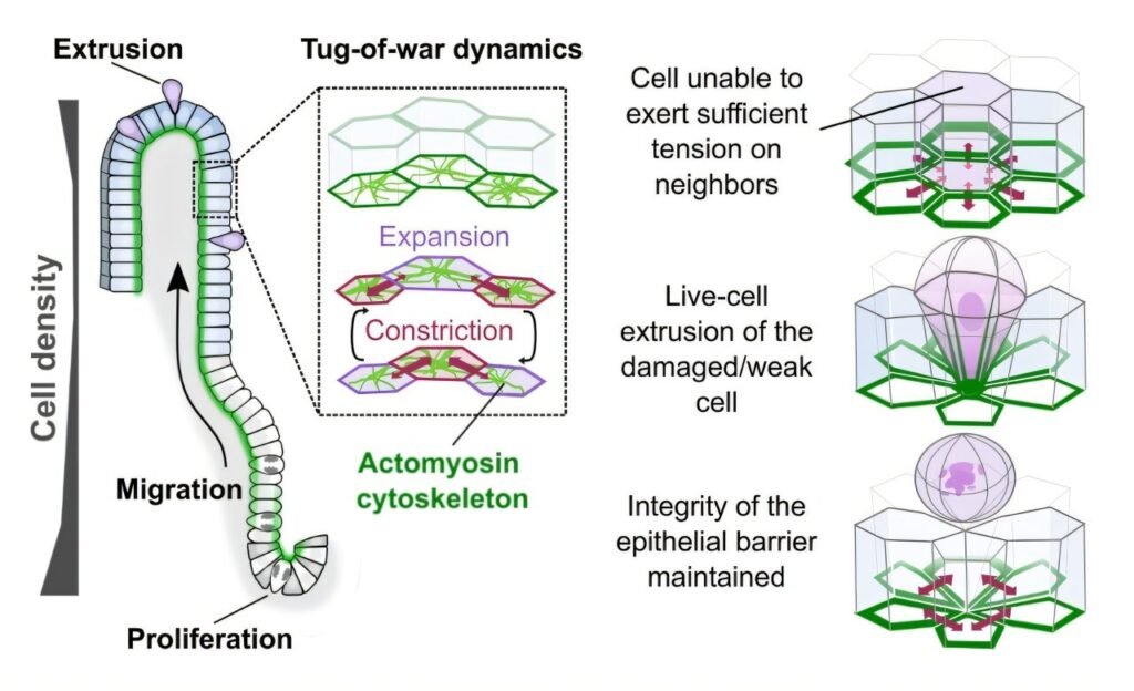 Intestinal surface cells pull rather than push to remove weak neighbors, research reveals Intestinal surface cells pull rather than push to remove weak neighbors, research reveals
